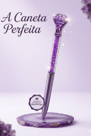 Caneta Lilás Elegante com Detalhe de Diamante e Cristais