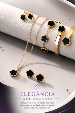 Conjunto Elegância Flor Trevo 5 Peças Dourado com Ônix