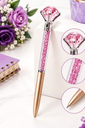Caneta Luxo com Diamante Rosa e Pedras Decorativas – Dourada