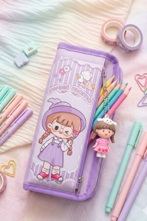 Estojo Escolar Lilás com Estampa Fofa e Zíper
