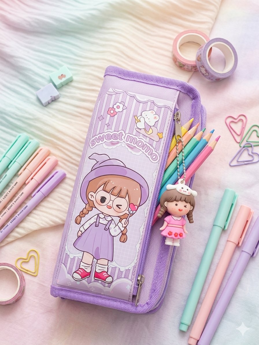 Estojo Escolar Lilás com Estampa Fofa e Zíper