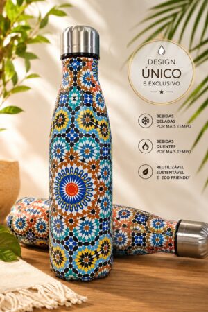 Garrafa Térmica de Inox Estampada Colorida com Tampa Metálica